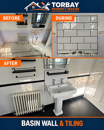Basin wall before work, white tiles being fitted with spacers, and the finished tiled splashback with black edging.