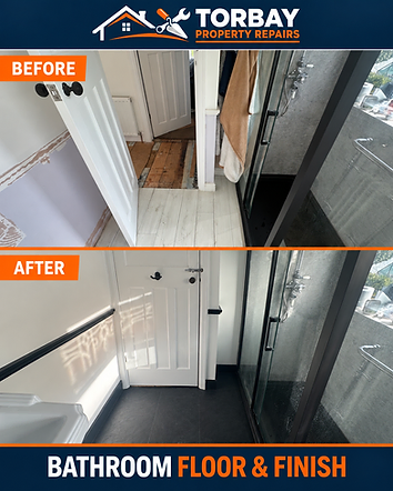 Bathroom doorway and shower area before work and after new dark flooring, white paintwork and black wall trims.