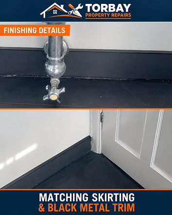Close-ups of charcoal skirting made from the bathroom flooring, with black metal trim around radiator pipes and the door frame.