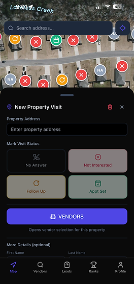 Pin to Pro field map showing knock pins and property visit sheet
