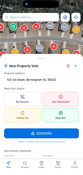 Pin to Pro field map showing knock pins and property visit sheet