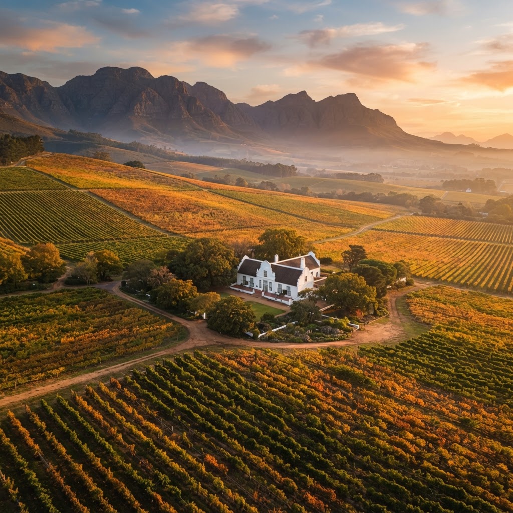 Cape Winelands vineyard rows bathed in golden hour light, with mountains rising behind