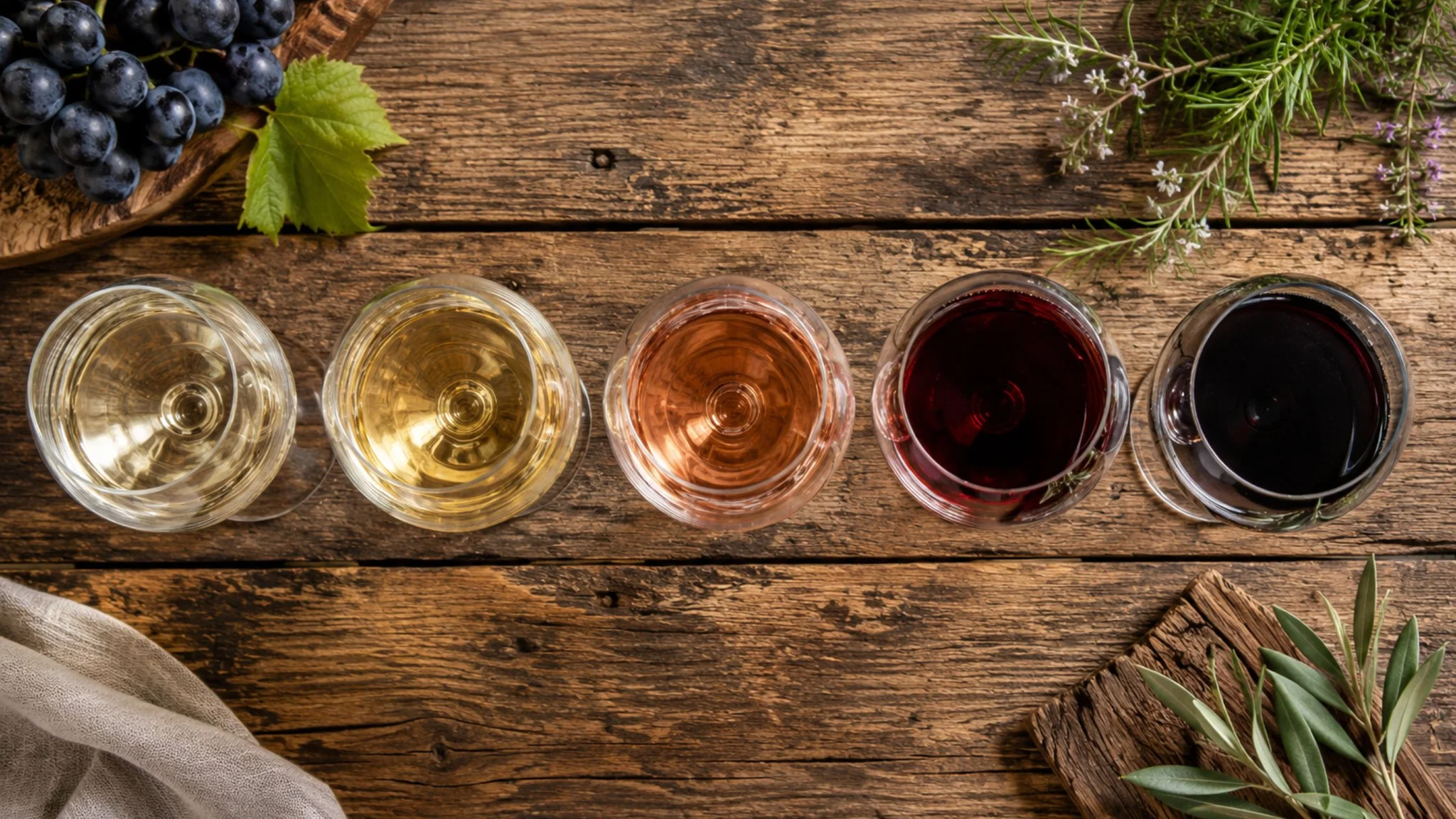 Wine tasting flight of five glasses on a wooden farm table at a Stellenbosch boutique wine estate