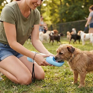 A dog drinking from the light blue 2-in-1 portable pet water and food bottle