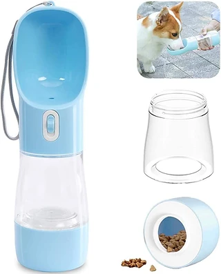 The 2-in-1 bottle components and a dog drinking