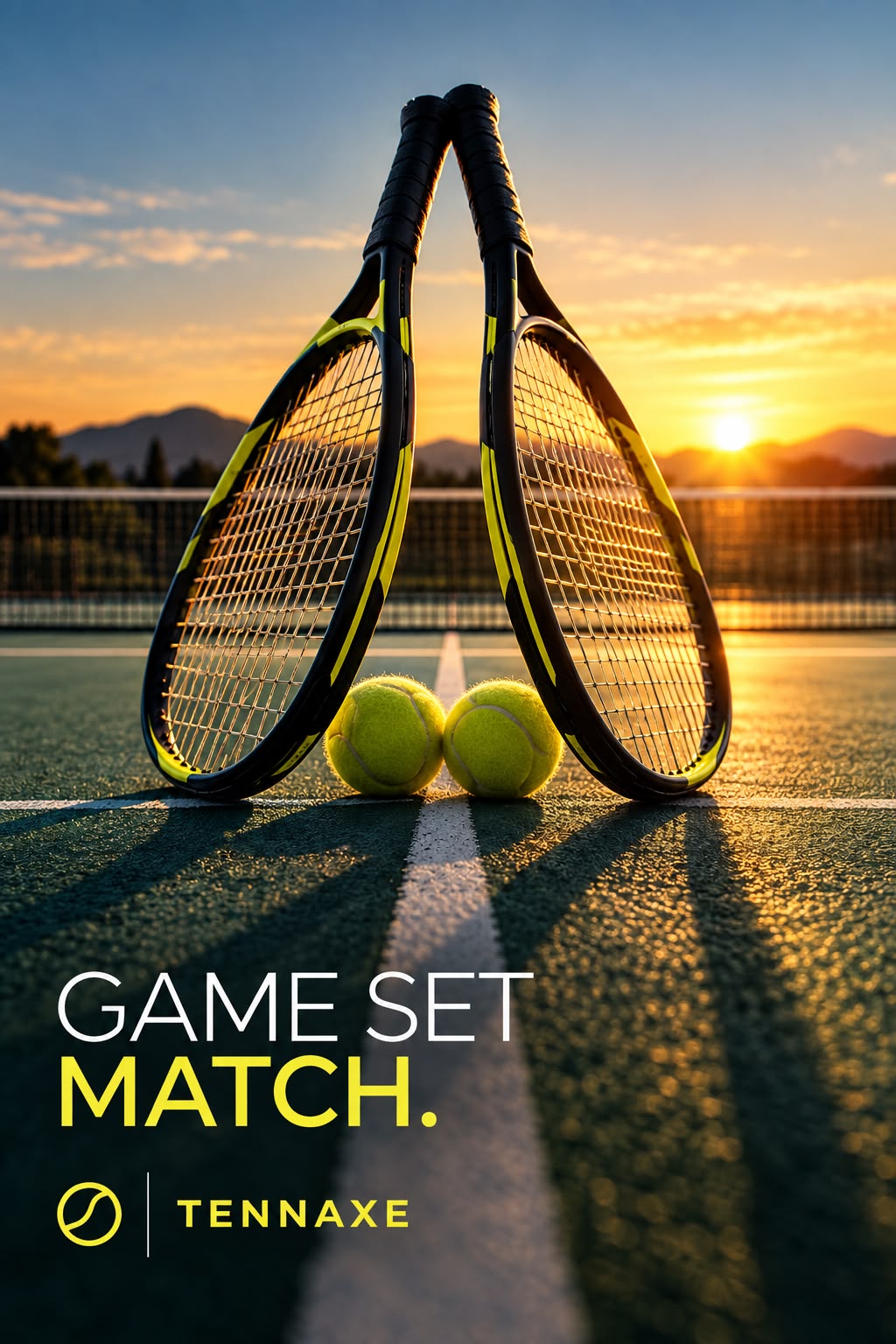 Due racchette appoggiate sulla linea di fondo di un campo da tennis al tramonto