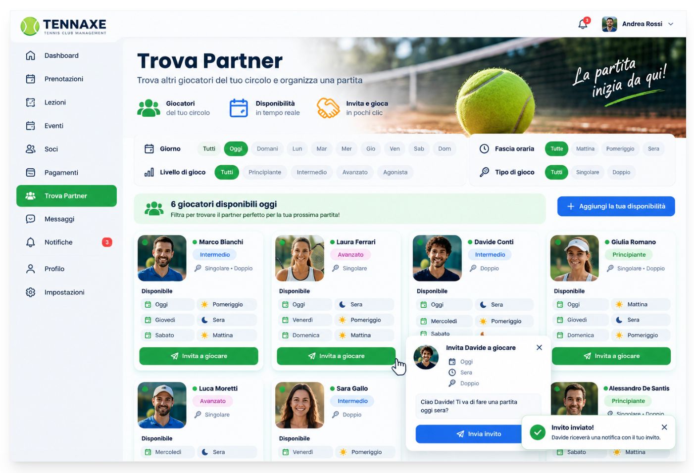 Schermata del modulo Trova Partner con i giocatori disponibili e l'invito a giocare