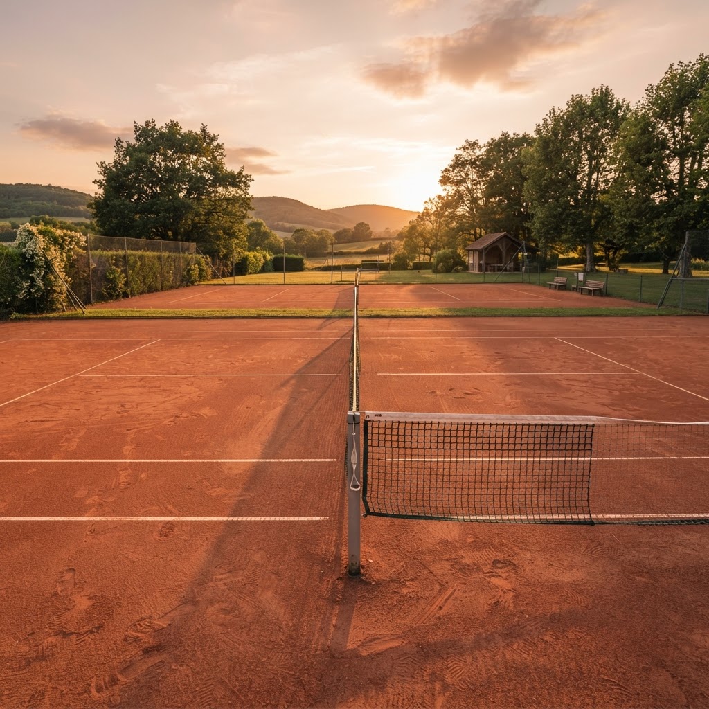 Campo da tennis in terra battuta al tramonto