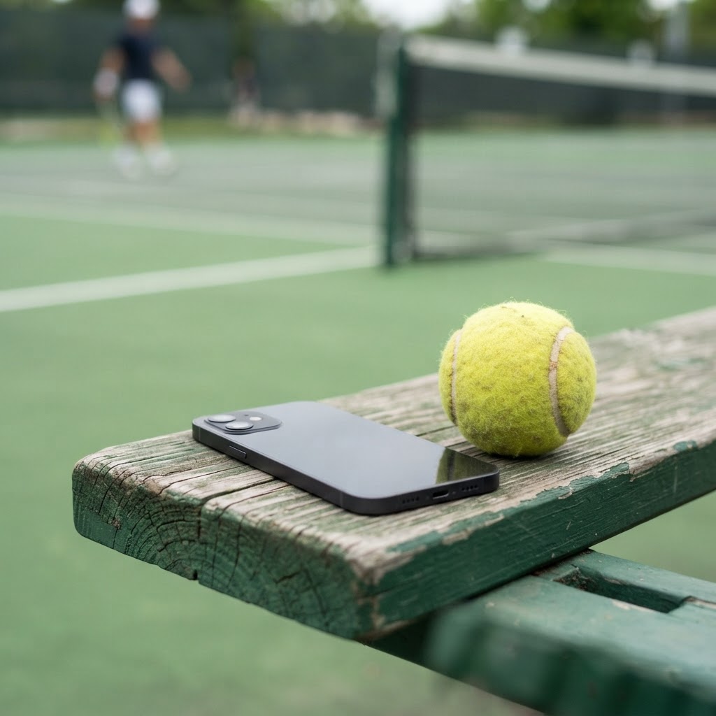 Smartphone e pallina da tennis a bordo campo
