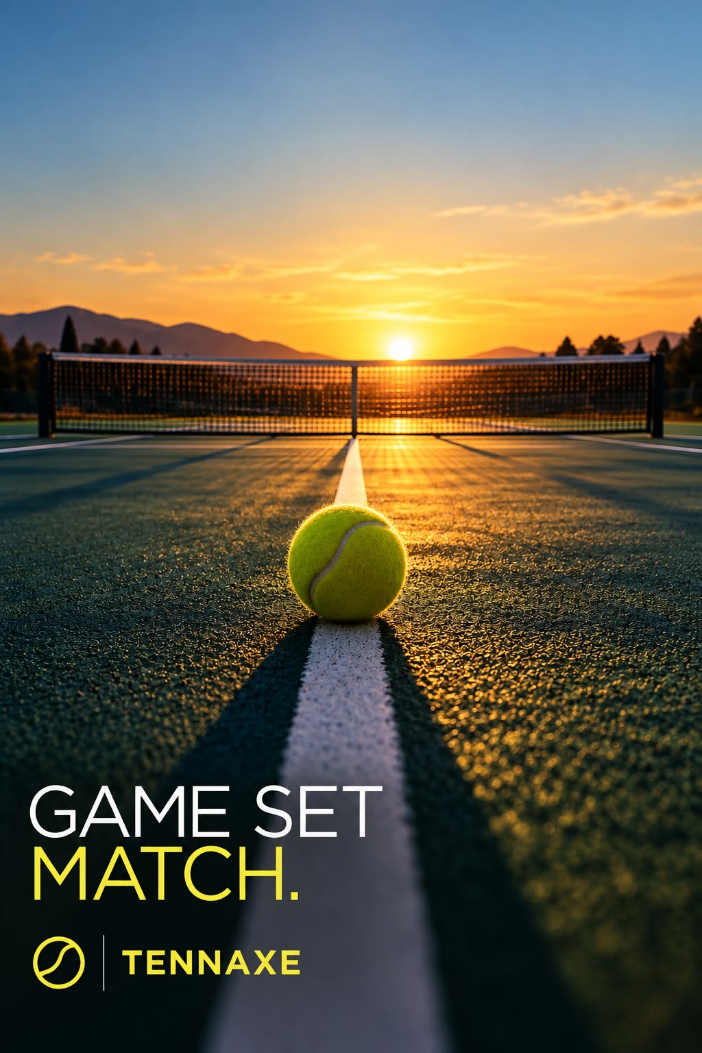 Pallina da tennis appoggiata sulla linea di metà campo al tramonto