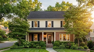 A welcoming traditional Northern Virginia home at golden hour.