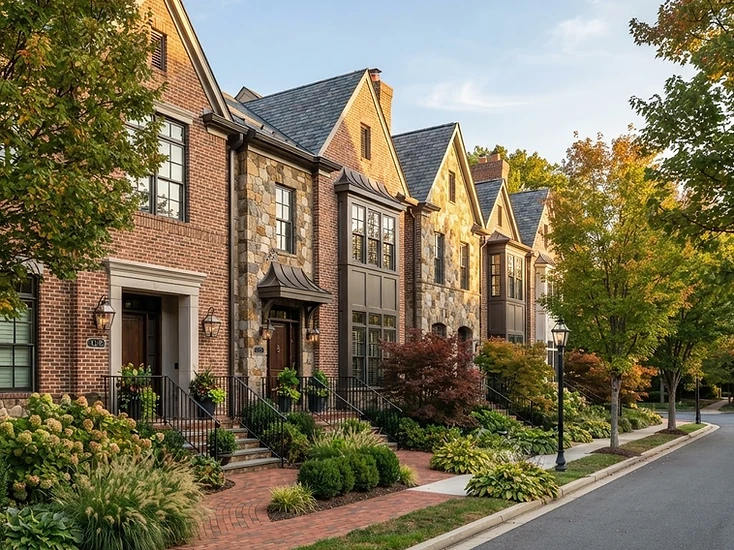 Refined Northern Virginia brick townhomes in early-autumn light