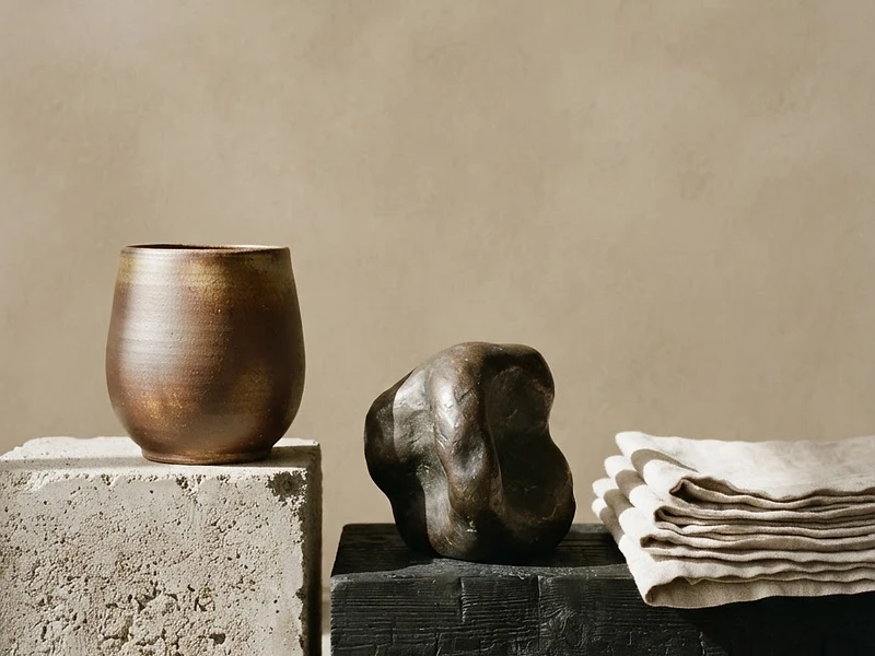 A curated still life of sculptural design objects