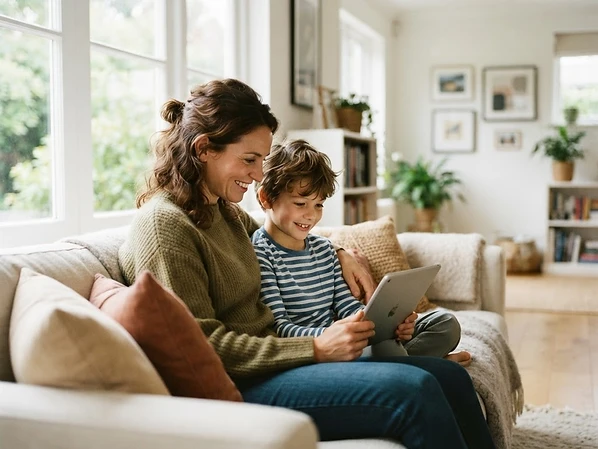 A parent and child looking at a tablet together