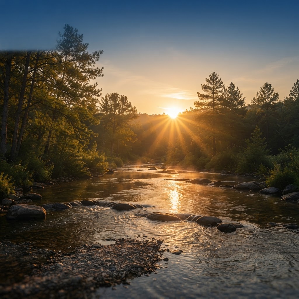 Peaceful forest river at sunset