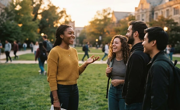 Youth leader in conversation with students on campus