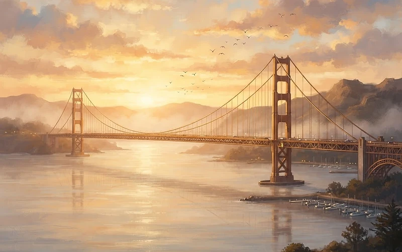 A golden-toned suspension bridge spanning a bay at sunset