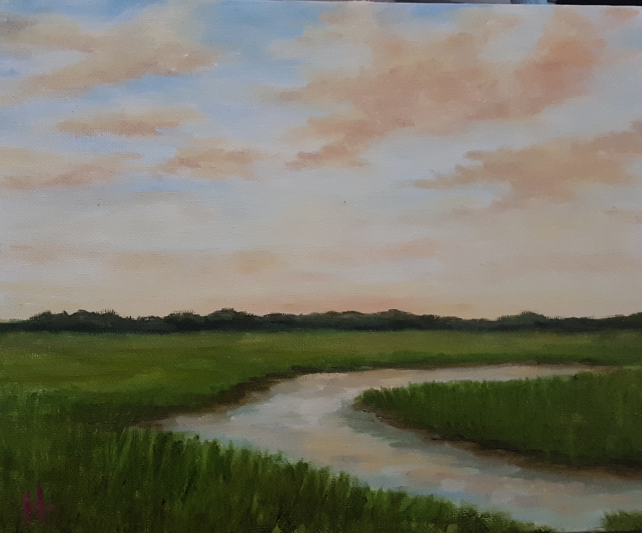 Marsh painting with a winding tidal creek, silhouetted treeline and a soft peach and blue sunset sky.