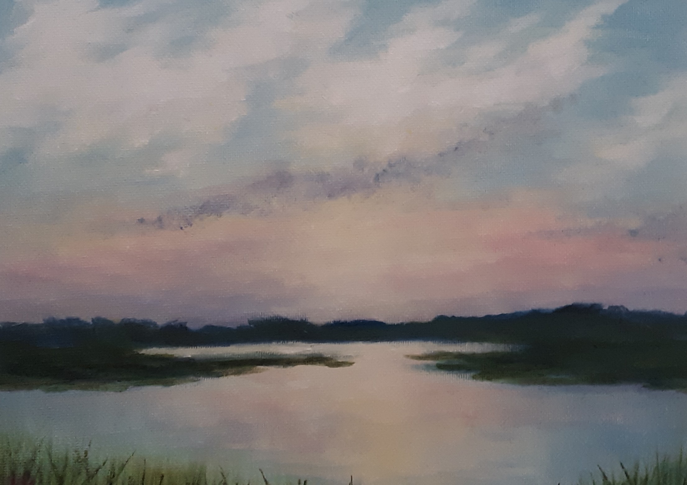 Tranquil marsh painting at sunrise with pale blue and lavender-grey sky, peachy horizon and dark silhouetted treelines.