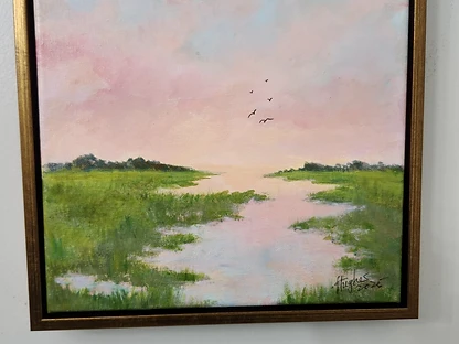 Serenity — a marsh painting at dusk with a soft pink and violet sky by Julia Hughes