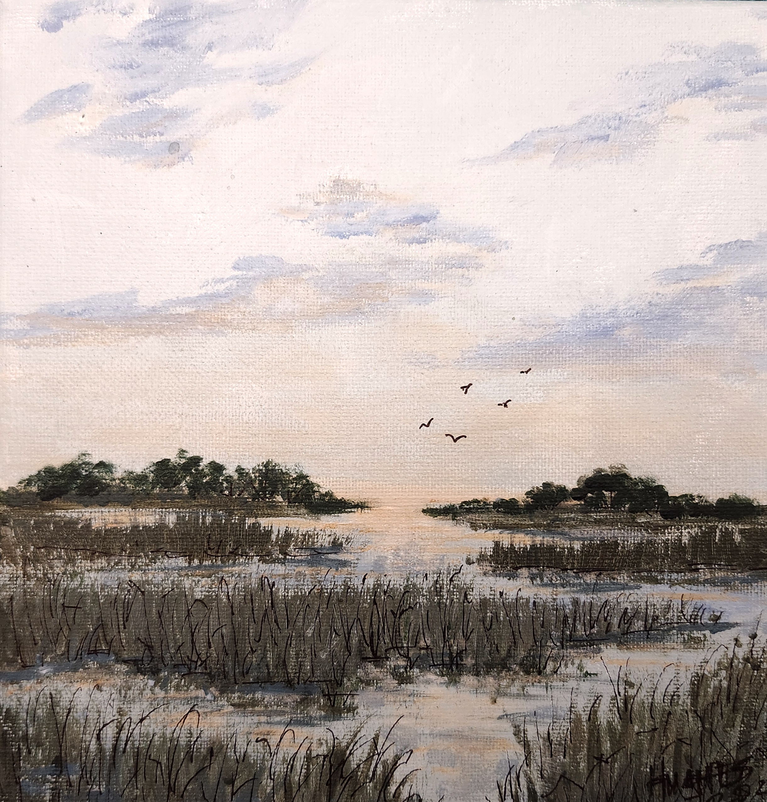 Lowcountry marsh painting at dusk with a central waterway, soft white and pale blue sky, dark green grasses and a flock of birds in flight.