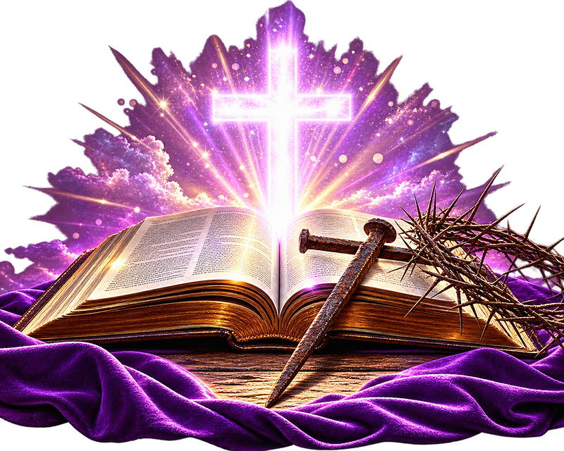 The open Word of God with the cross, nails, and crown of thorns bathed in divine light