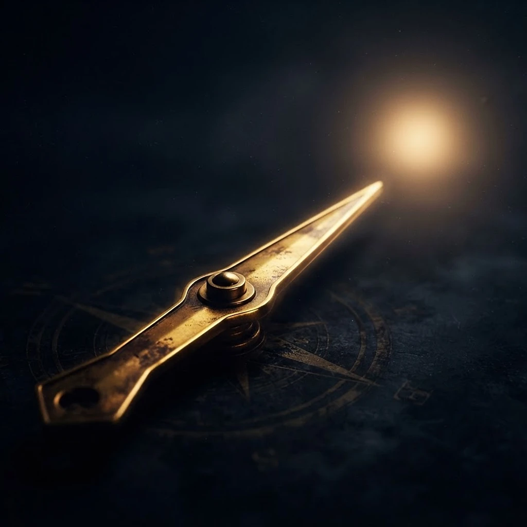 Golden compass needle pointing toward a distant light in dark space