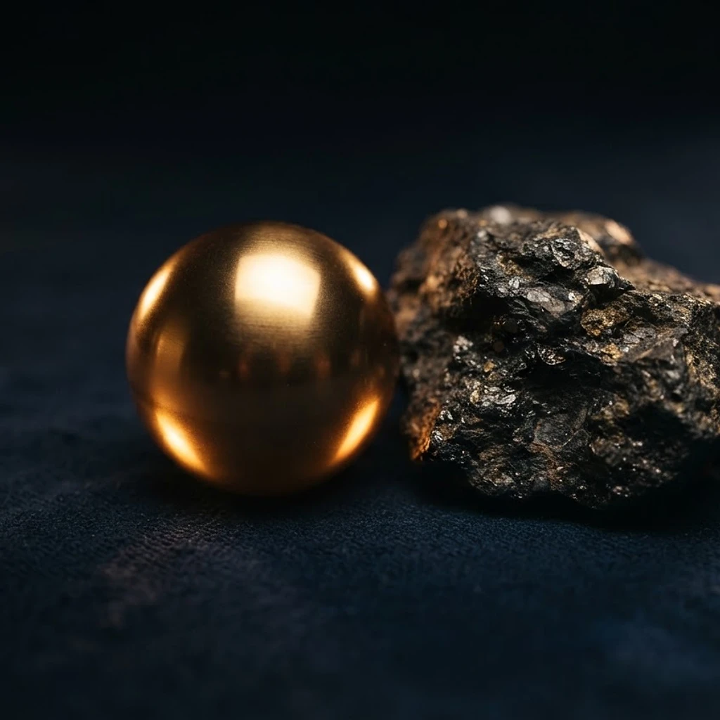 Polished gold sphere beside raw dark ore