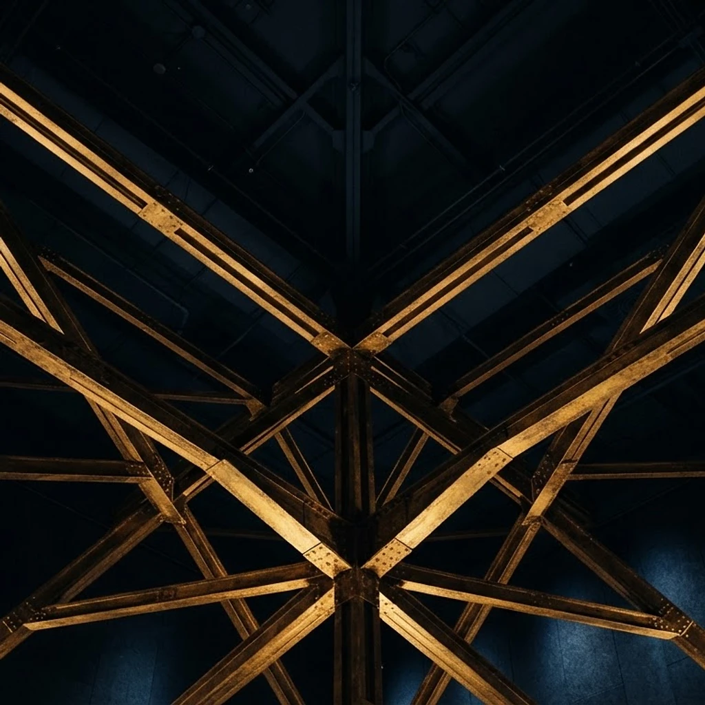 Intersecting gold architectural beams in a dark hall