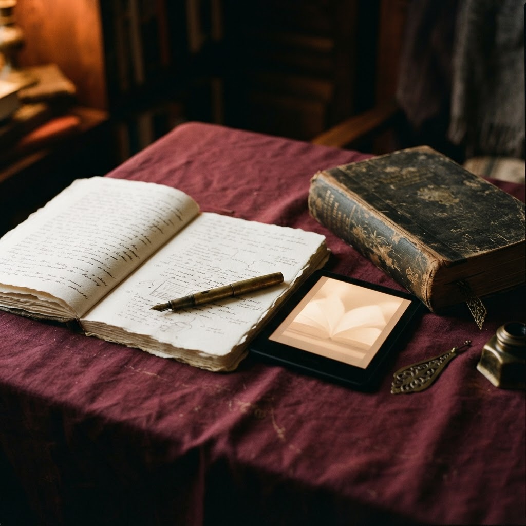 An open notebook beside a softly glowing screen, surrounded by stacked books with worn spines, on a dark wooden desk bathed in warm editorial lamplight — an atmosphere of quiet, deliberate creative work