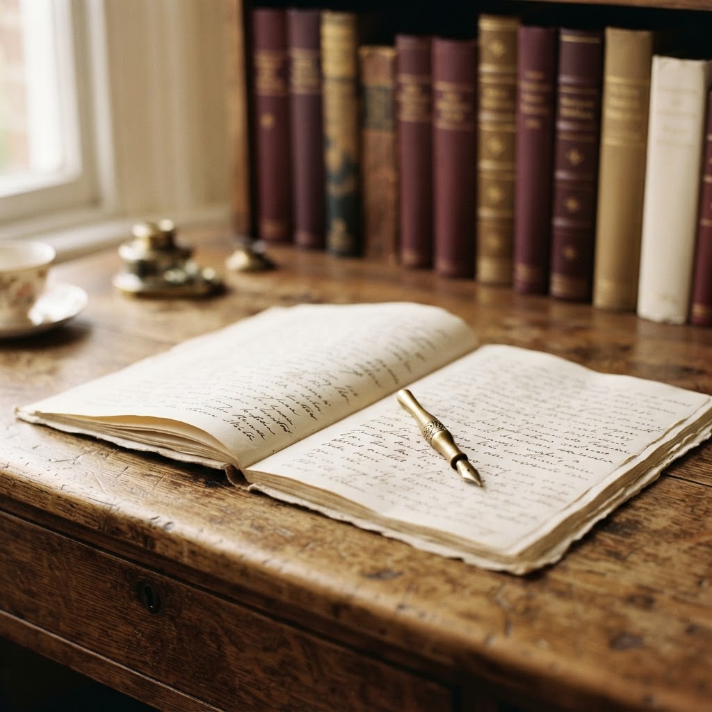 A quiet writing desk with an open manuscript, a cup of tea and soft editorial light — an intimate, unhurried workspace suggesting careful, thoughtful editing