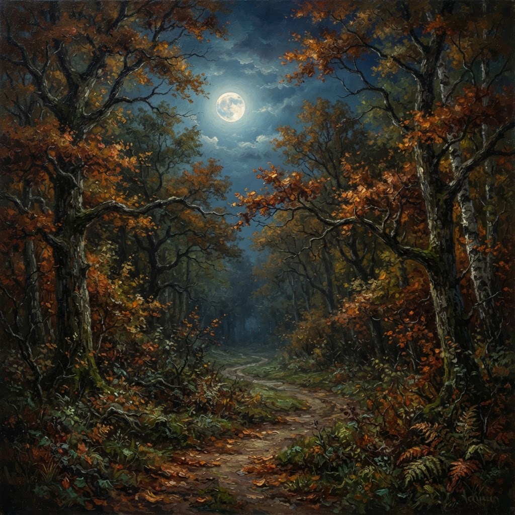 An atmospheric autumn forest at night.