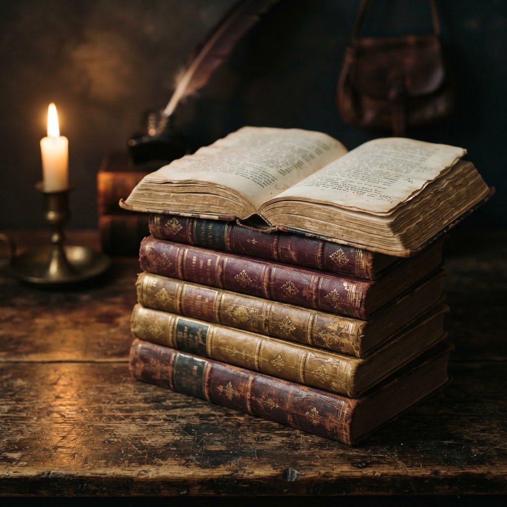 A warm stack of books with an open volume on top, bathed in soft lamplight against a cream and deep burgundy background, evoking the pleasure of quiet literary discovery