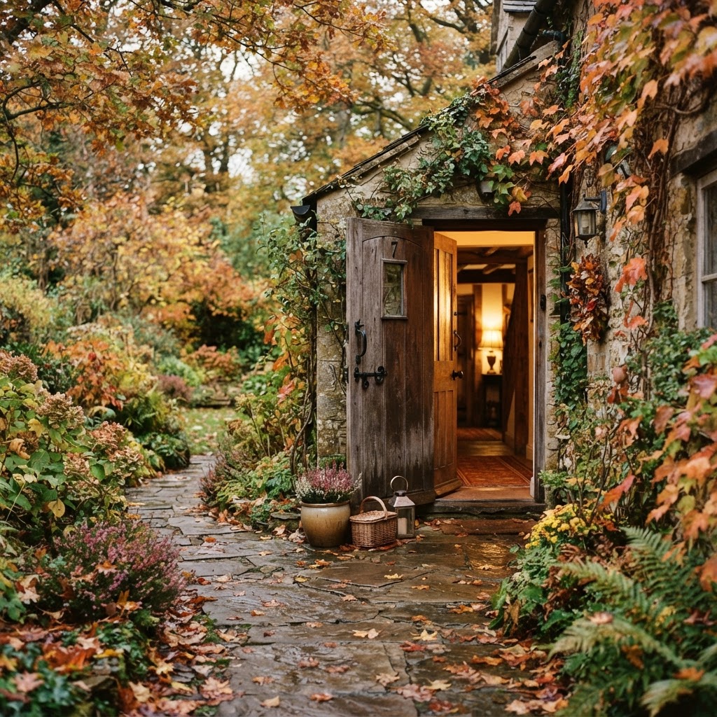An open cottage door in autumn.