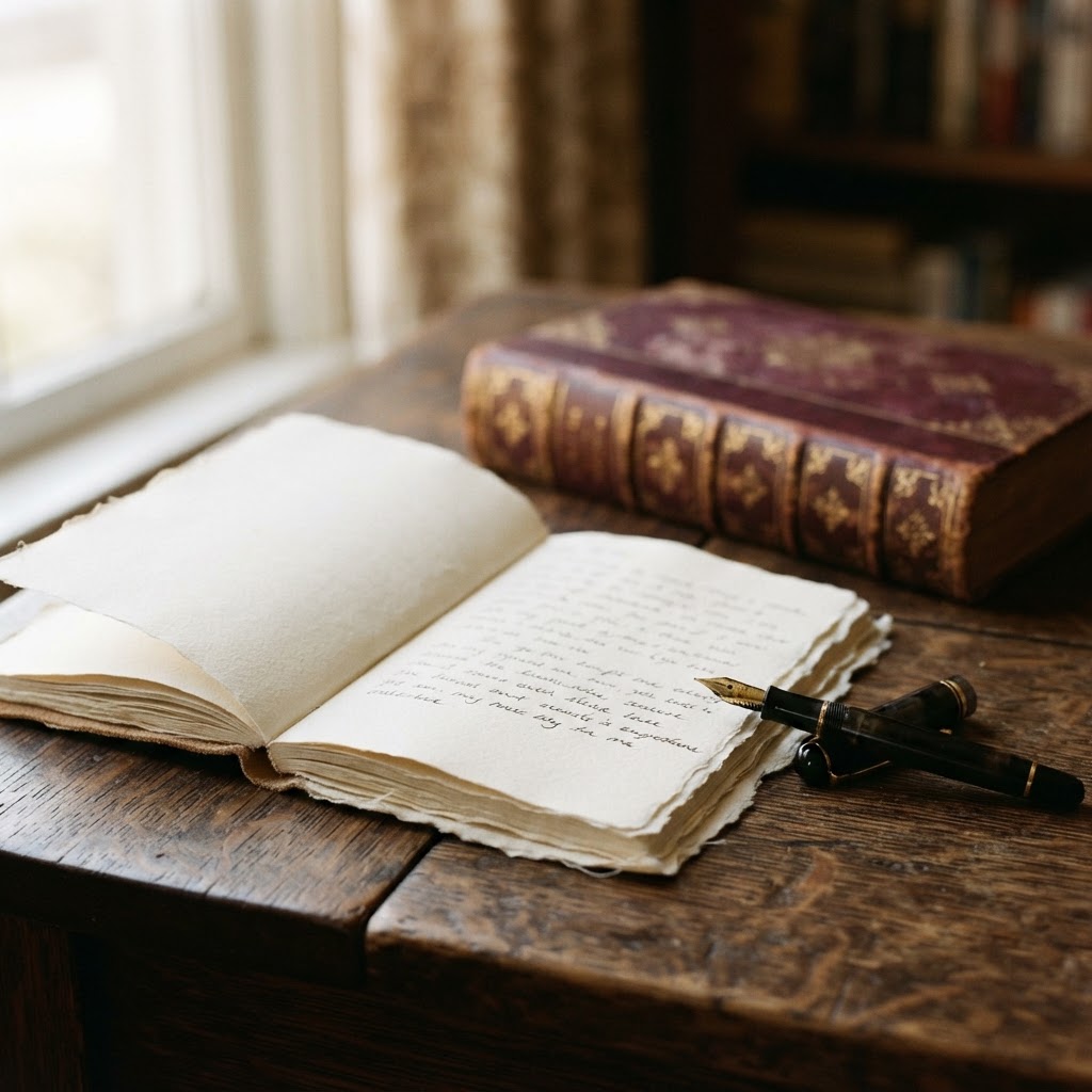 An open notebook and fountain pen resting beside a softly glowing screen, surrounded by warm candlelight and aged books on a wooden desk, evoking a quiet, literary writing workspace