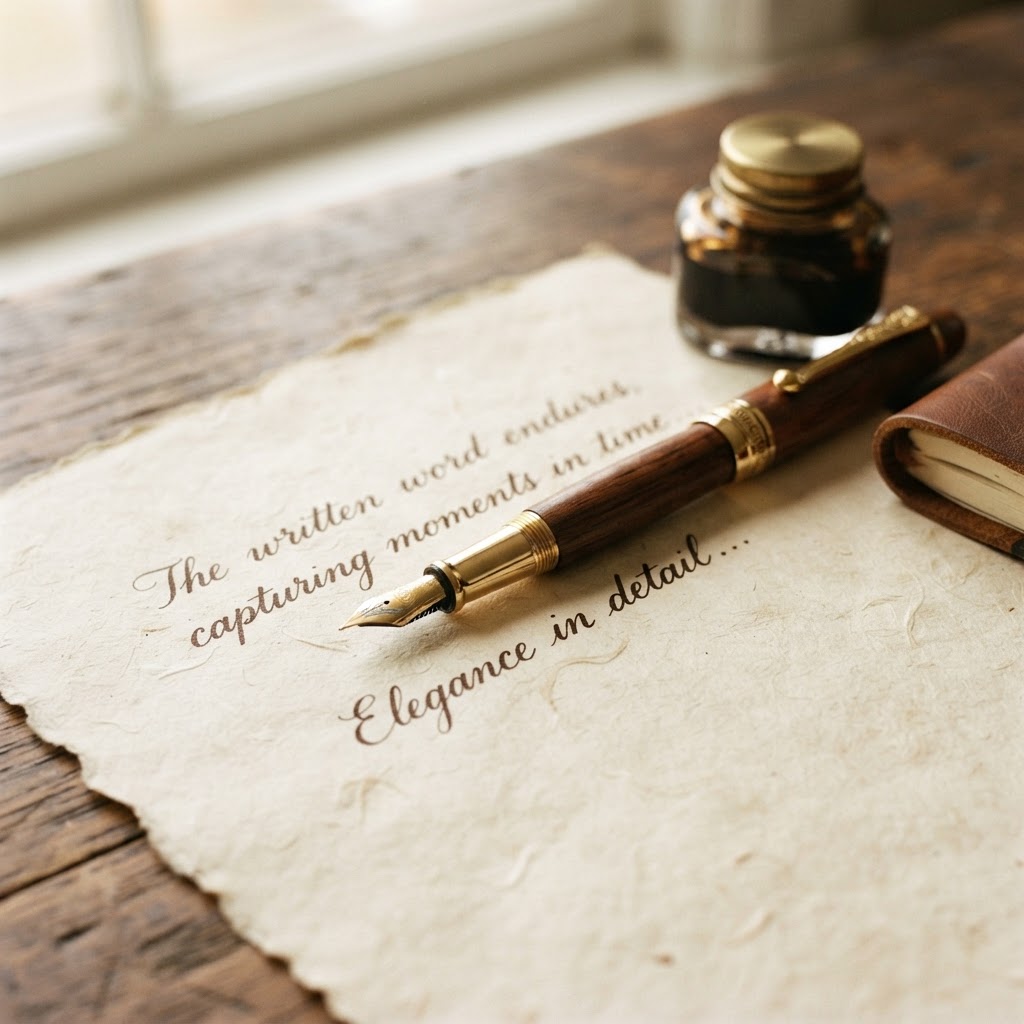 Close up of a fountain pen on parchment paper, symbolizing journaling for personal growth.