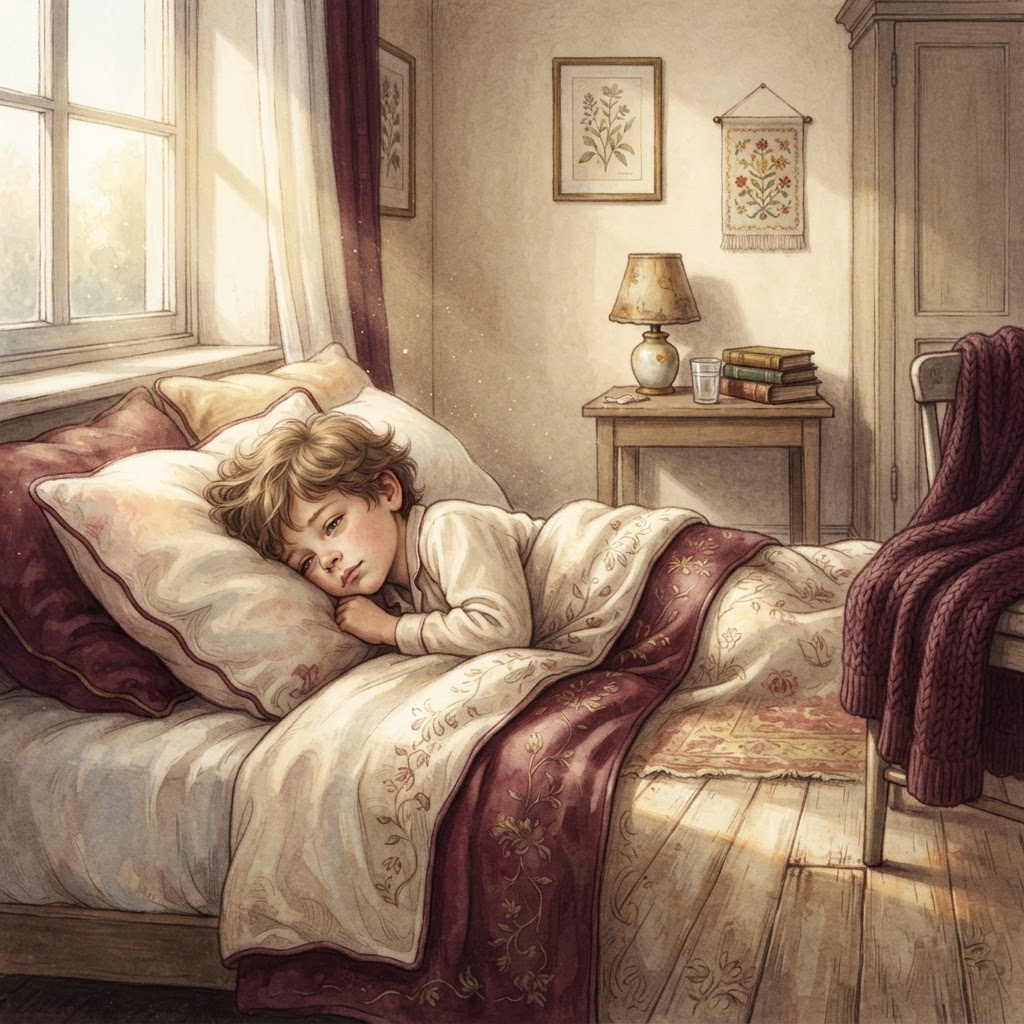 A child lying in bed in soft morning light, half-awake, covers pulled up to their chin, sunlight falling gently across the pillow and floor — the room quiet and still, the feeling unhurried