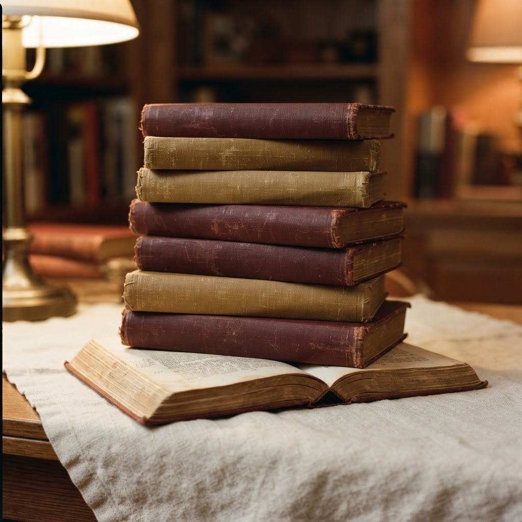 A softly lit stack of books with worn spines resting on a cream linen surface, warm lamplight casting long shadows, an open book visible beneath the pile