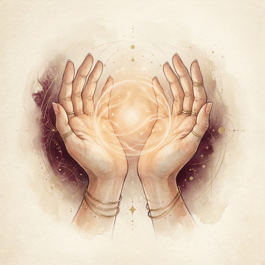 A simple, beautiful illustration showing a pair of open hands with a soft warm glow radiating from the palms, set against a calm neutral background — suggesting the concept of healing energy flowing through the hands