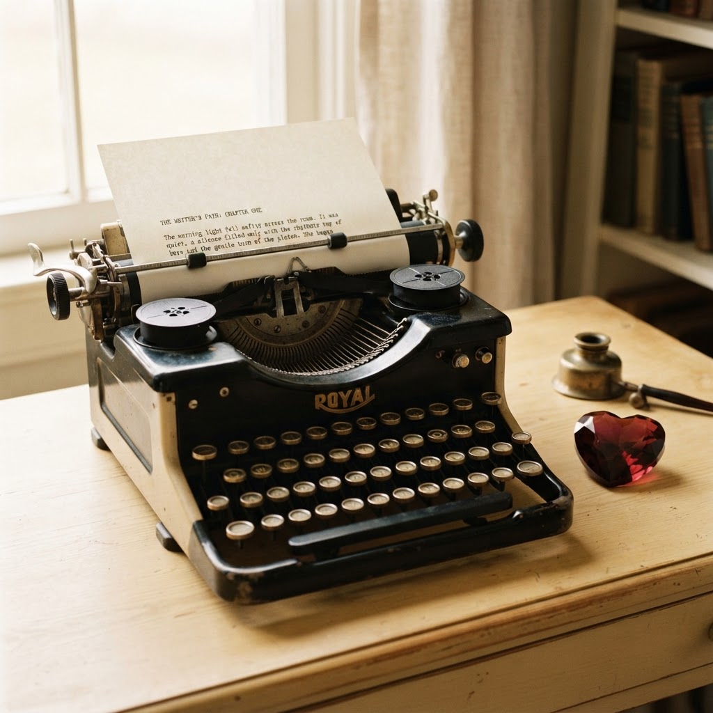 Vintage typewriter with a burgundy crystal heart — Crystal Hearts® Press author plans
