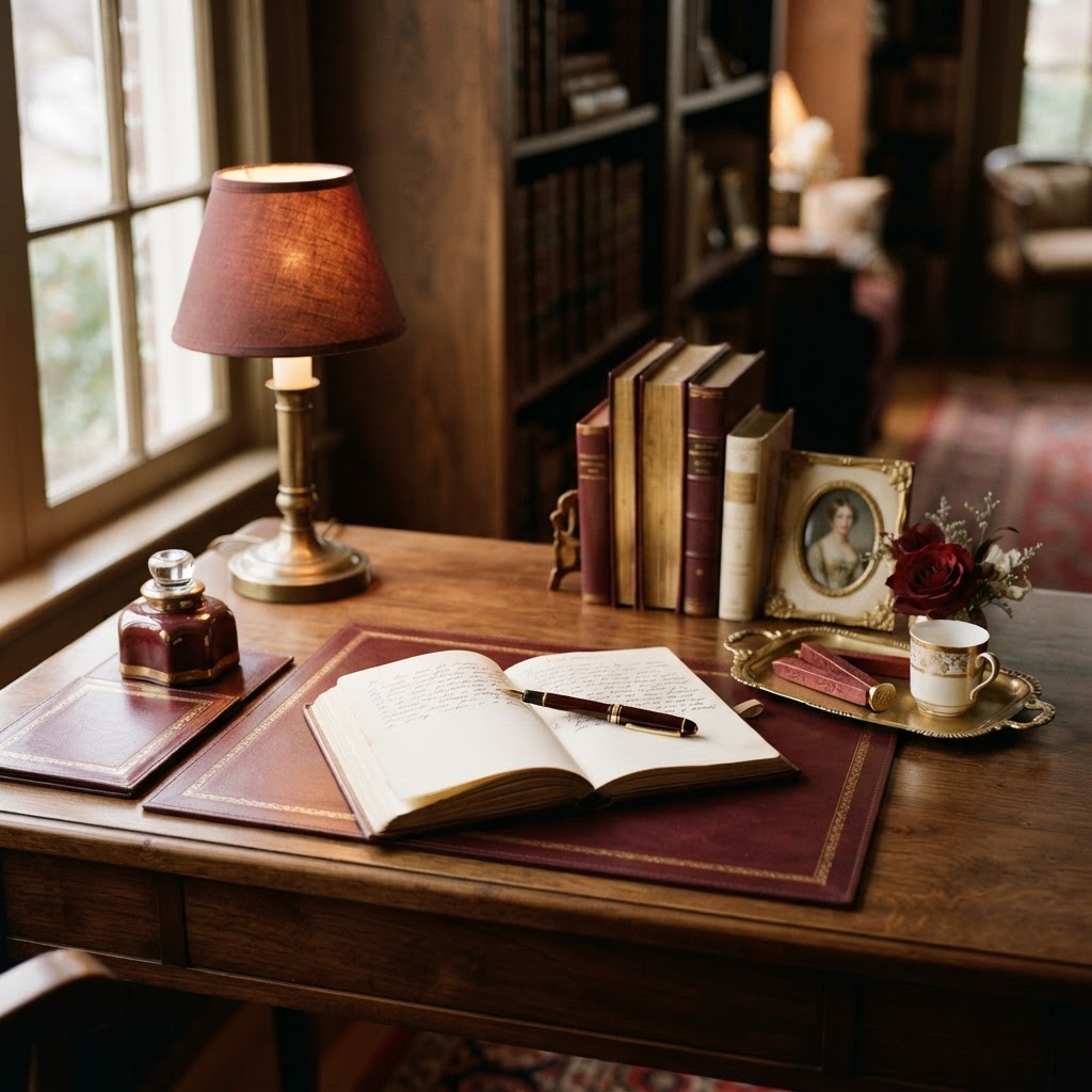 A peaceful, literary scene featuring a fountain pen, a leather-bound notebook, and a single, warm light source on a mahogany table.