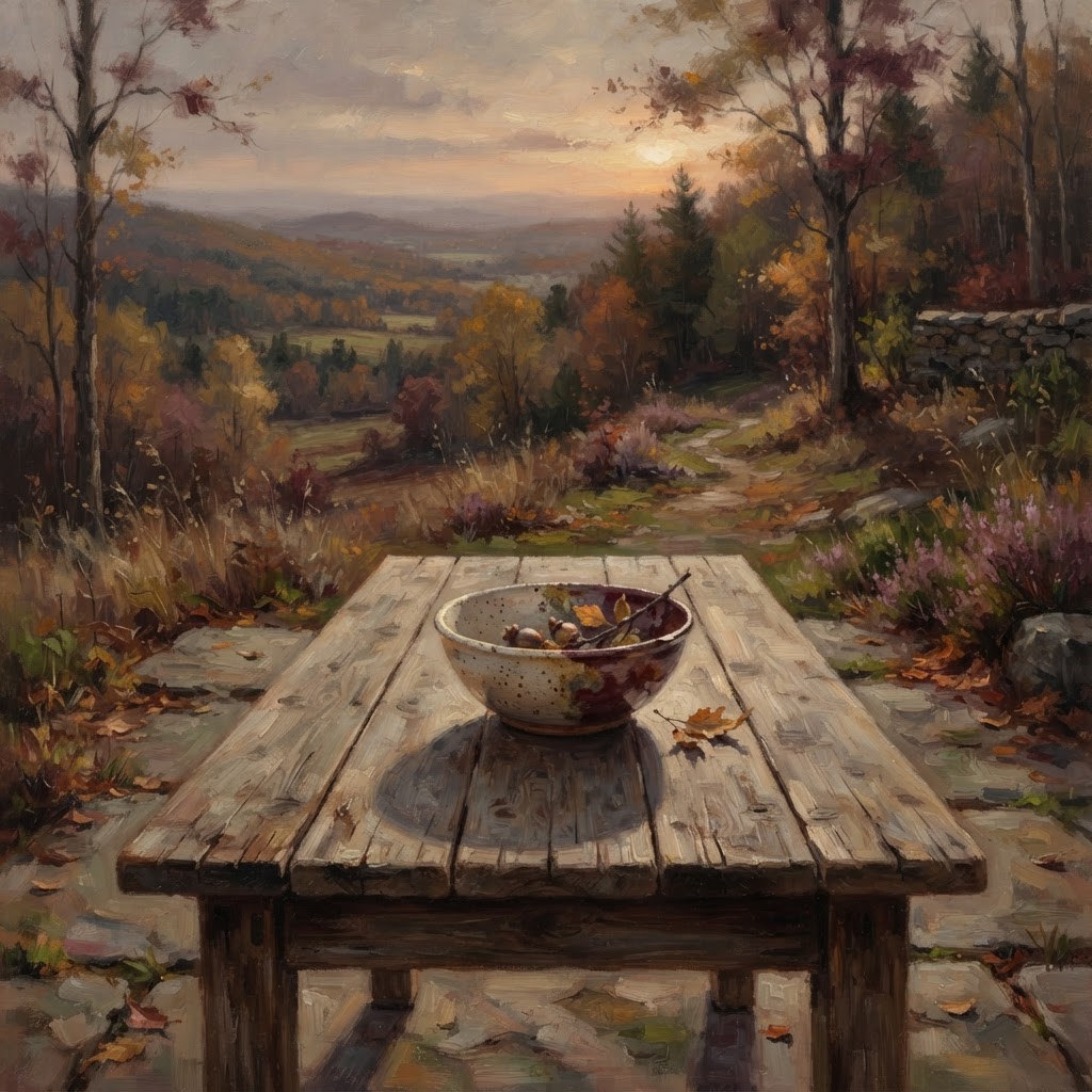 An atmospheric impressionist painting of a quiet autumnal scene with a muted color palette of burgundy and gold, focusing on light and shadow.