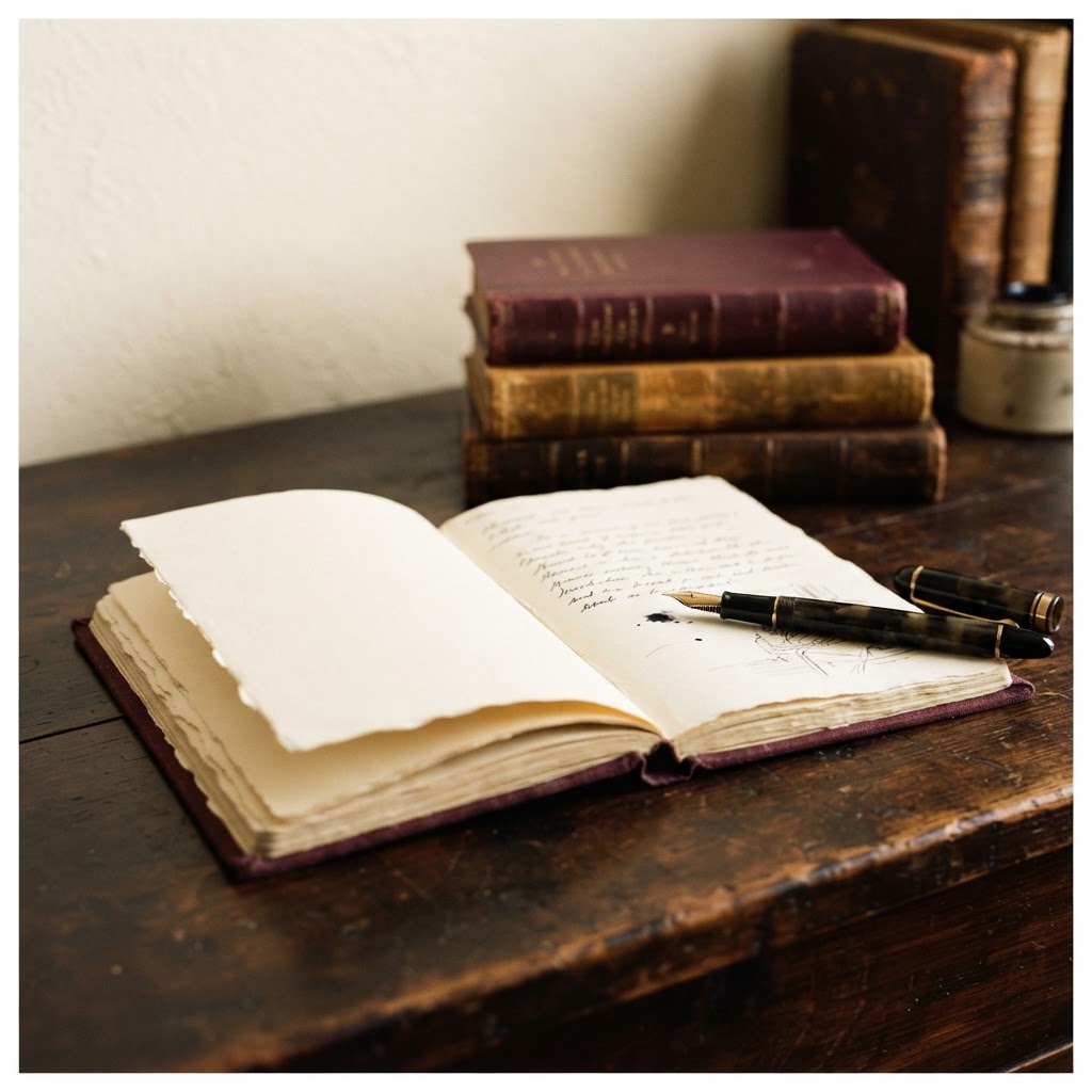 An open notebook and fountain pen resting on a wooden desk beside a warm lamp, soft cream pages edged in antique gold light, suggesting quiet literary work and thoughtful authorship