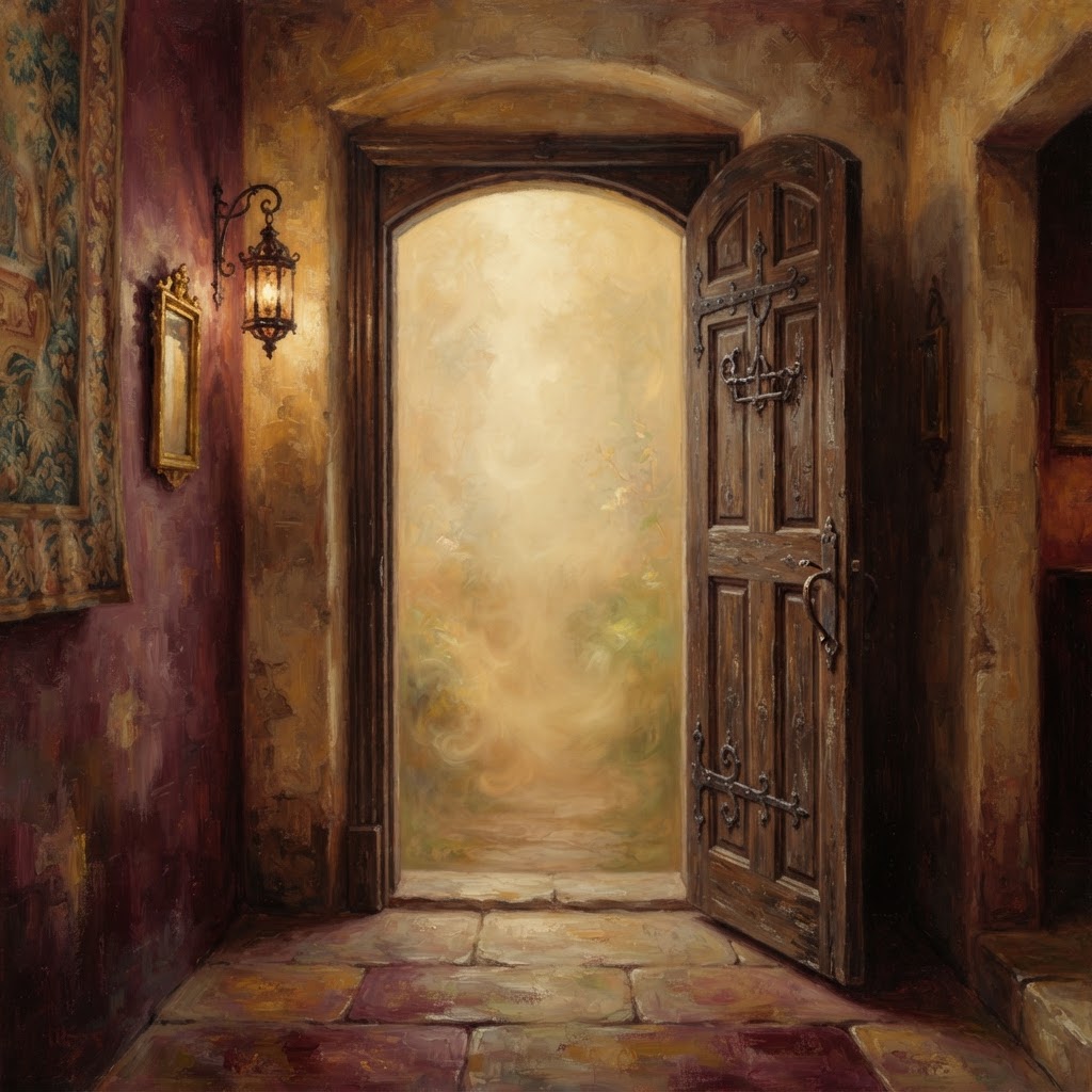 A serene doorway standing in a golden-lit mist, representing the threshold between phases of life.