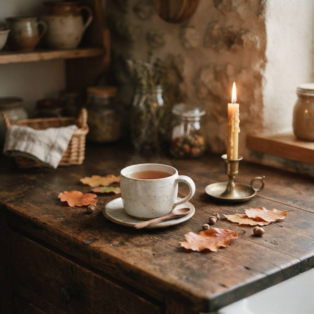 A peaceful autumn morning scene on a rustic kitchen counter.