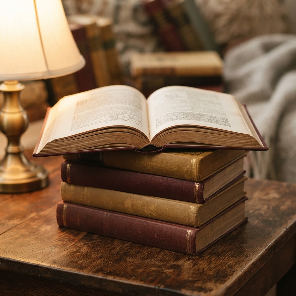 A warm stack of books with an open volume on top, resting on a cream cloth surface under soft golden lamplight, suggesting quiet literary discovery