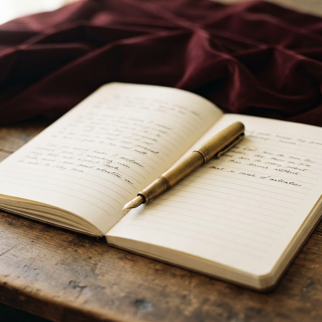 A worn notebook open to a handwritten first page, resting beside a single antique gold pen on an ivory linen surface, with warm soft light suggesting a quiet writing desk