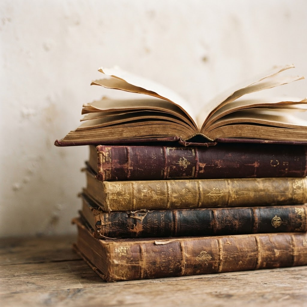 A softly lit stack of books with warm lamplight falling across their spines and open pages, evoking the quiet pleasure of discovery and independent reading