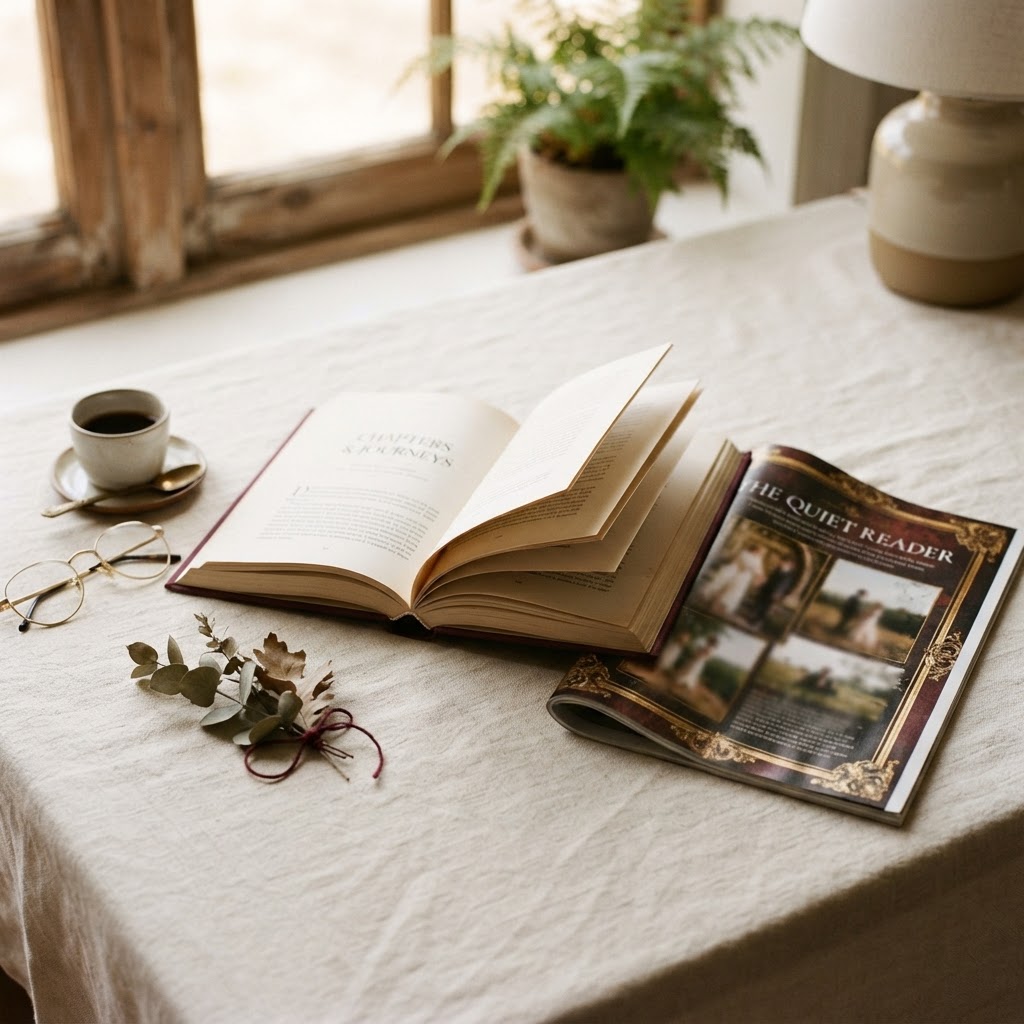 Open book and magazine on ivory linen — Crystal Hearts® Press reading preview