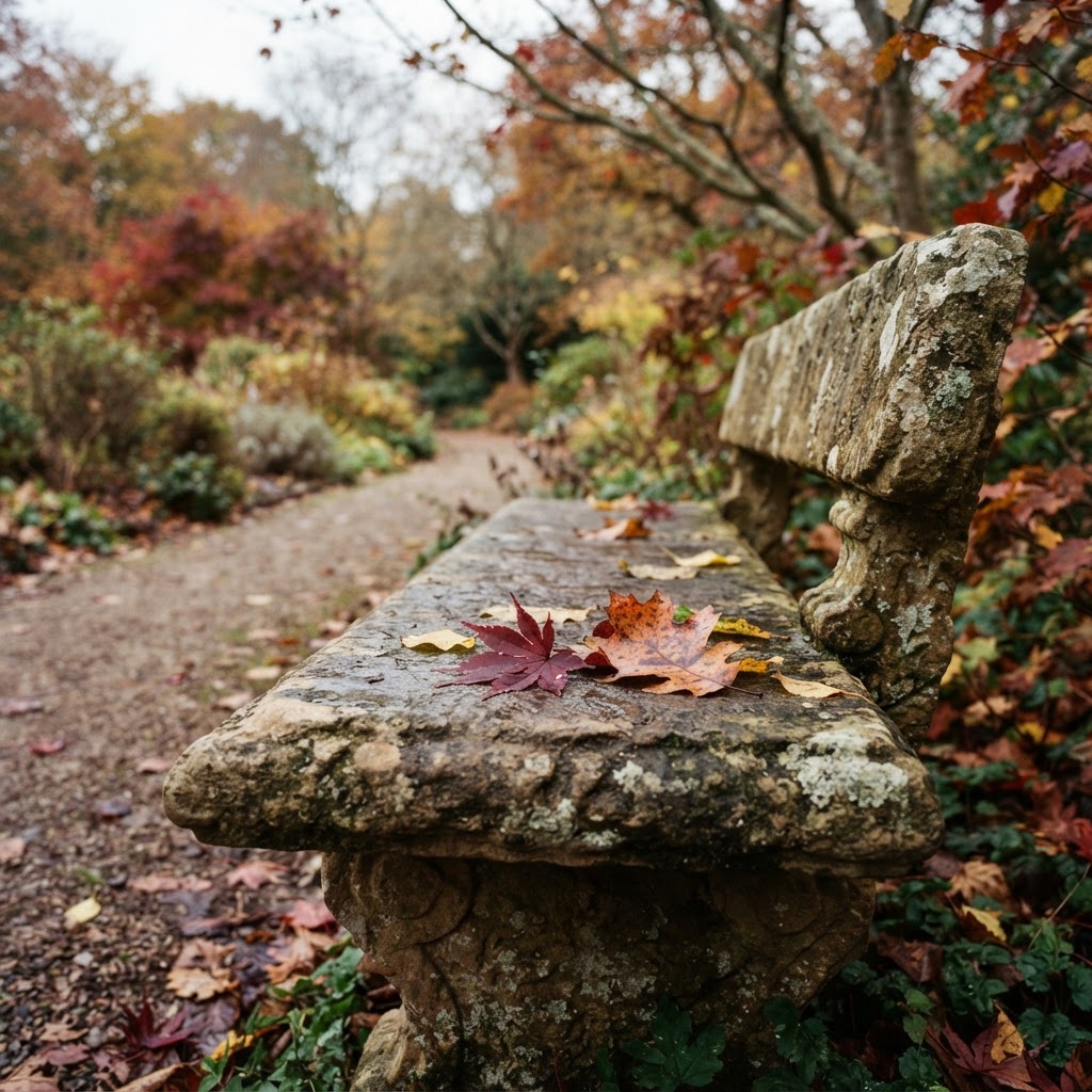 A peaceful garden bench in autumn.